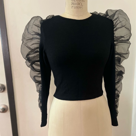 Zara Black Sheer Sleeves Ribbed Top - Picture 3 of 8
